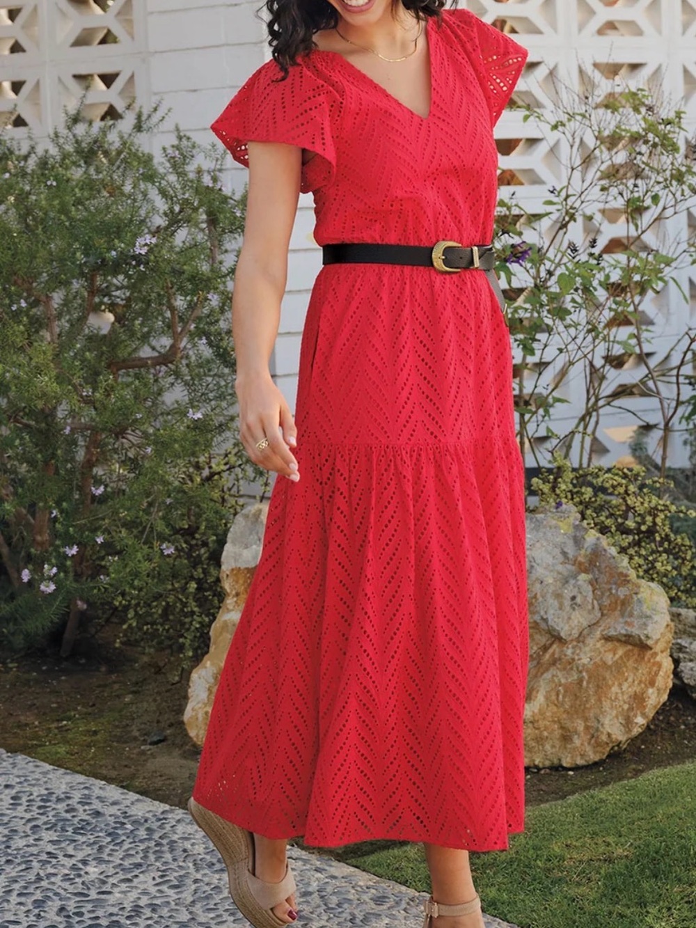 Evereve Red Eyelet Midi Dress with Flutter Sleeves Women’s Size S